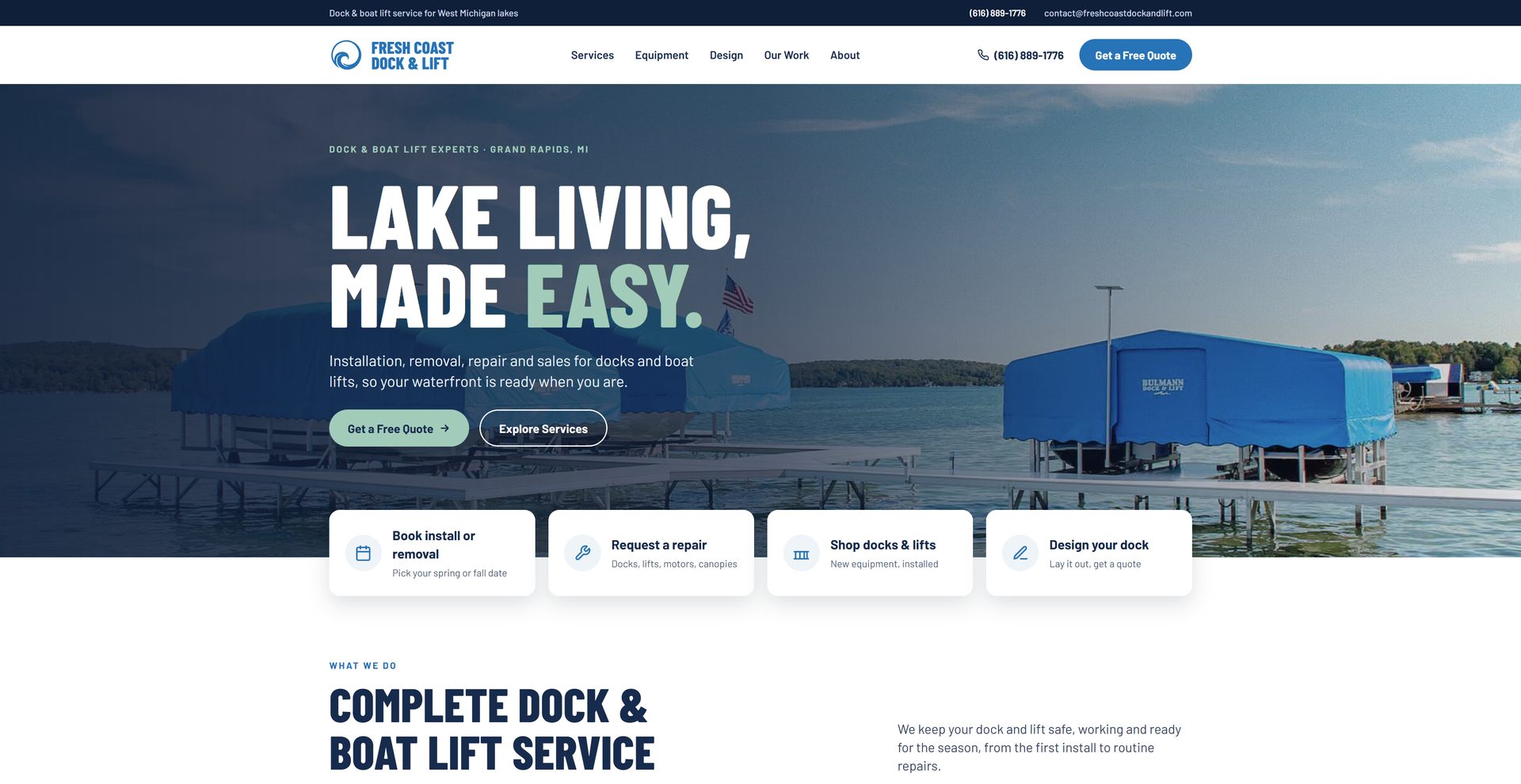 The Fresh Coast Dock & Lift homepage: a “Lake living, made easy.” headline over a photo of docks and covered boat lifts, with quick links to book, repair, shop and design a dock.
